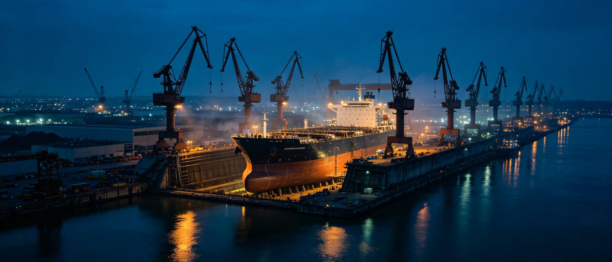川海船舶建造基地船坞夜景 Shipyard dry dock at blue hour
